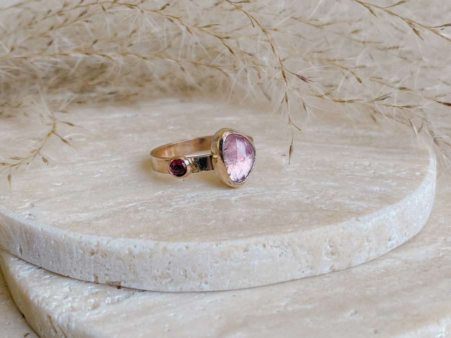 Pink Tourmaline + Rhodolite Garnet with 14k Solid Gold Setting/14k Gold Filled Band - Salt + Sage